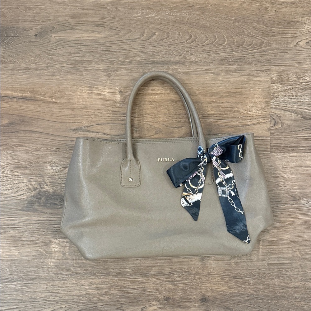 Furla Saffiano Taupe Leather Tote with Twilly Scarf Accent